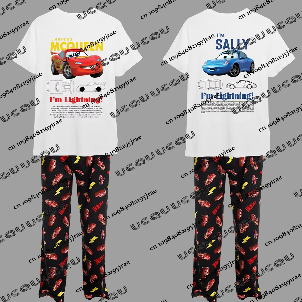 

Летние хлопковые футболки для пар с изображением автомобиля Lightning McQueen&Sally, пижамные штаны, костюмы большого размера, мужская и женская одежда