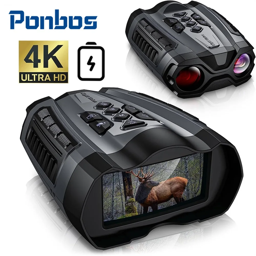 

Ponbos 4K UHD 58MP Portable Binoculars Telescope 10X Digital Zoom 300M Infrared Night Vision Camera for Hunting Camping