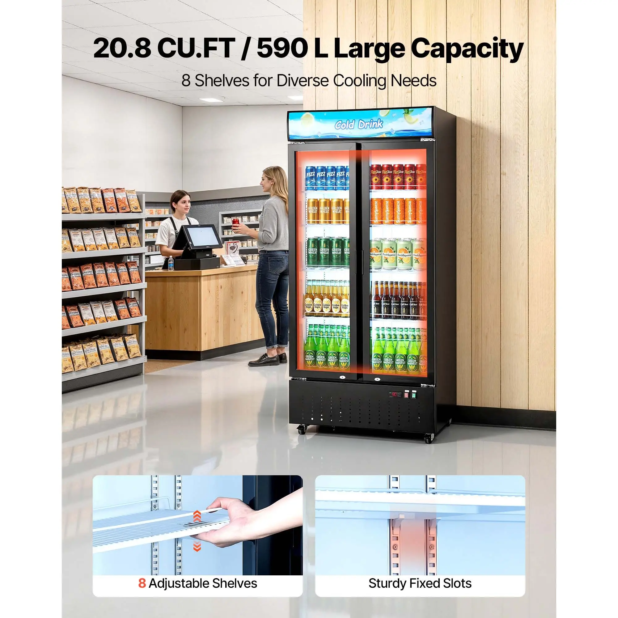 Commercial Merchandiser Refrigerator, 20.8 Cu.Ft / 590L Upright Beverage Cooler, 2 Glass Door Display Refrigerator with