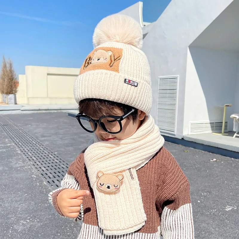 Doitbest 2 Pcs Pompom Kids Hat Scarf Set Boy Embroidery Knit Warm Child Hats For Boys Girls Bonnet Beanie Winter Children Cap