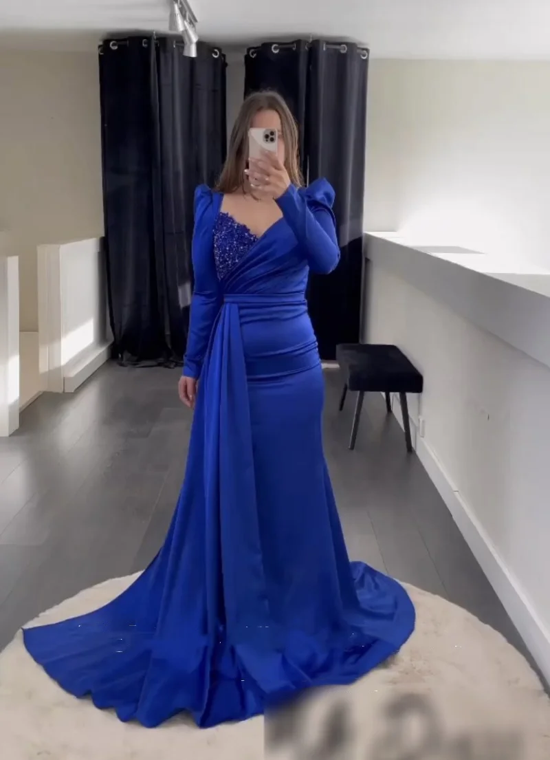 Royal Blue Satin V-Neck Evening Dresses Appliques Beaded Mermaid Long Sleeves Wedding Party Gown Prom Dress for Women 2023