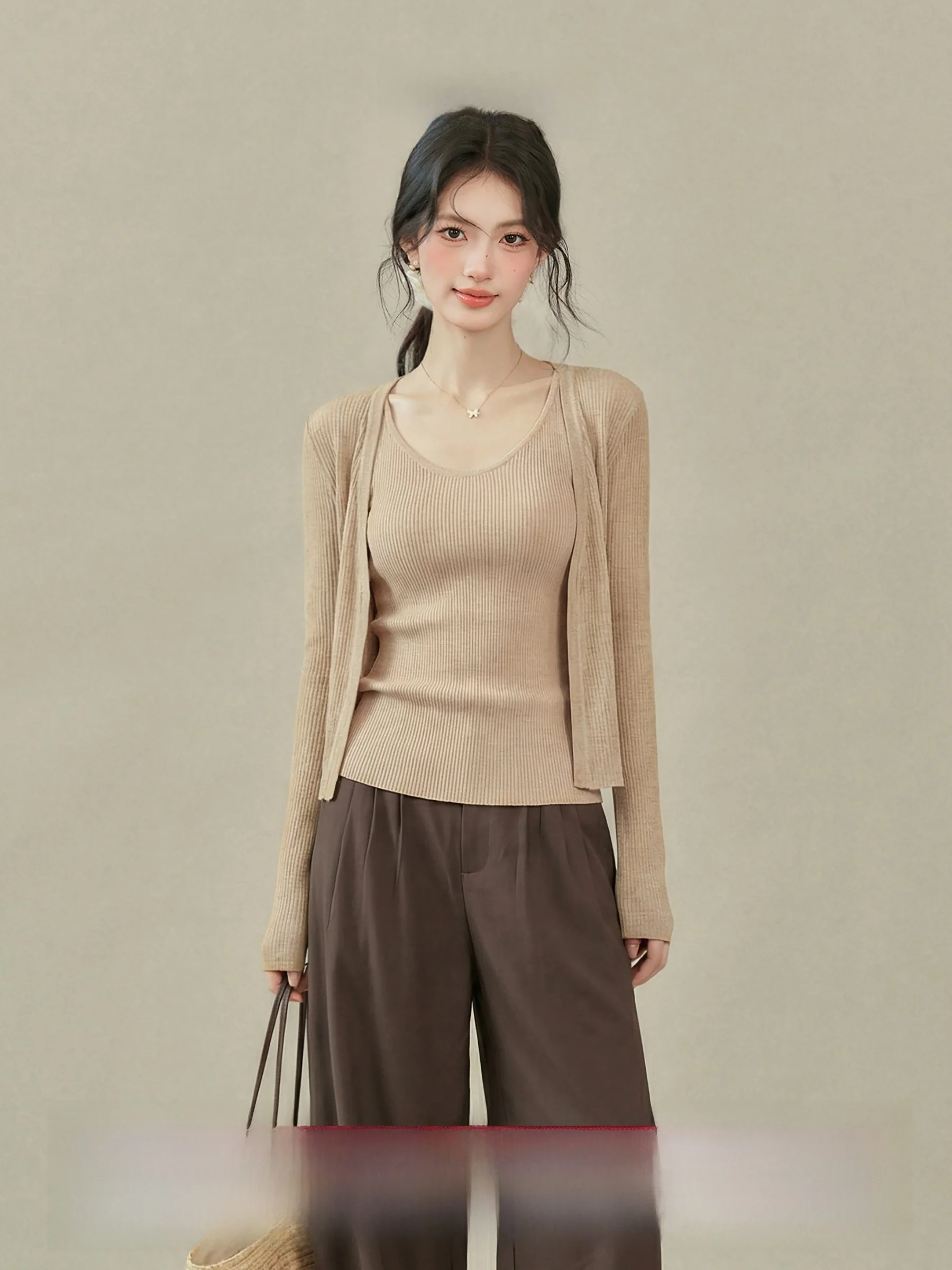 

Вязаный открытый кардиган для женщин с длинными рукавами, комплект с жилеткой на бретелях, весенний модный повседневный стиль