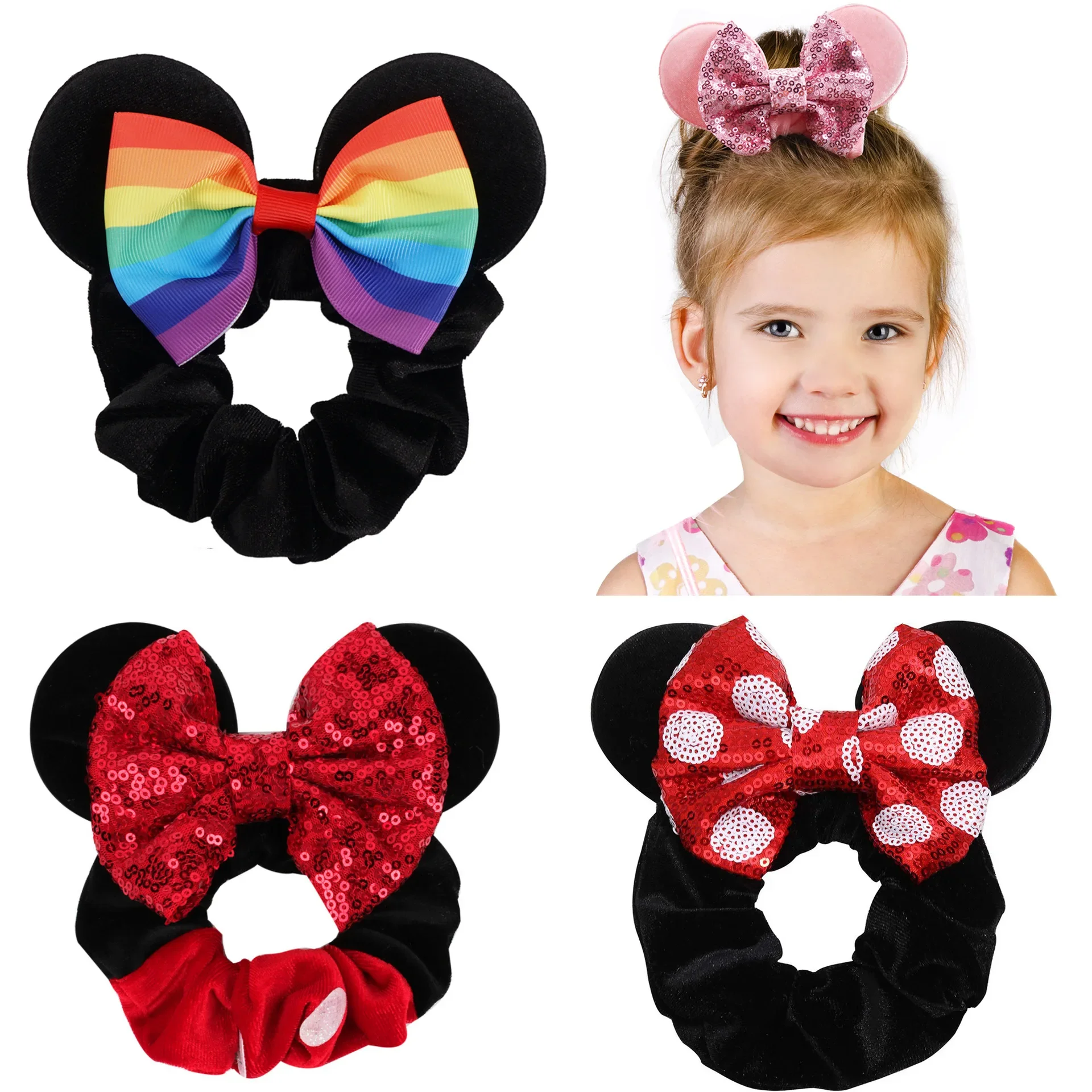 Disney Princess Children Hair Tie Mickey Ear Flannel Big Scrunchie Sequins Bow Christmas Holiday Party Headwear Hair Accessories