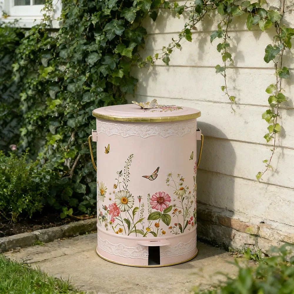 European Style Floral Pedal Trash Can with Lid and Inner Bucket, Butterfly Accent, 8L Capacity, Multiple Colors Available