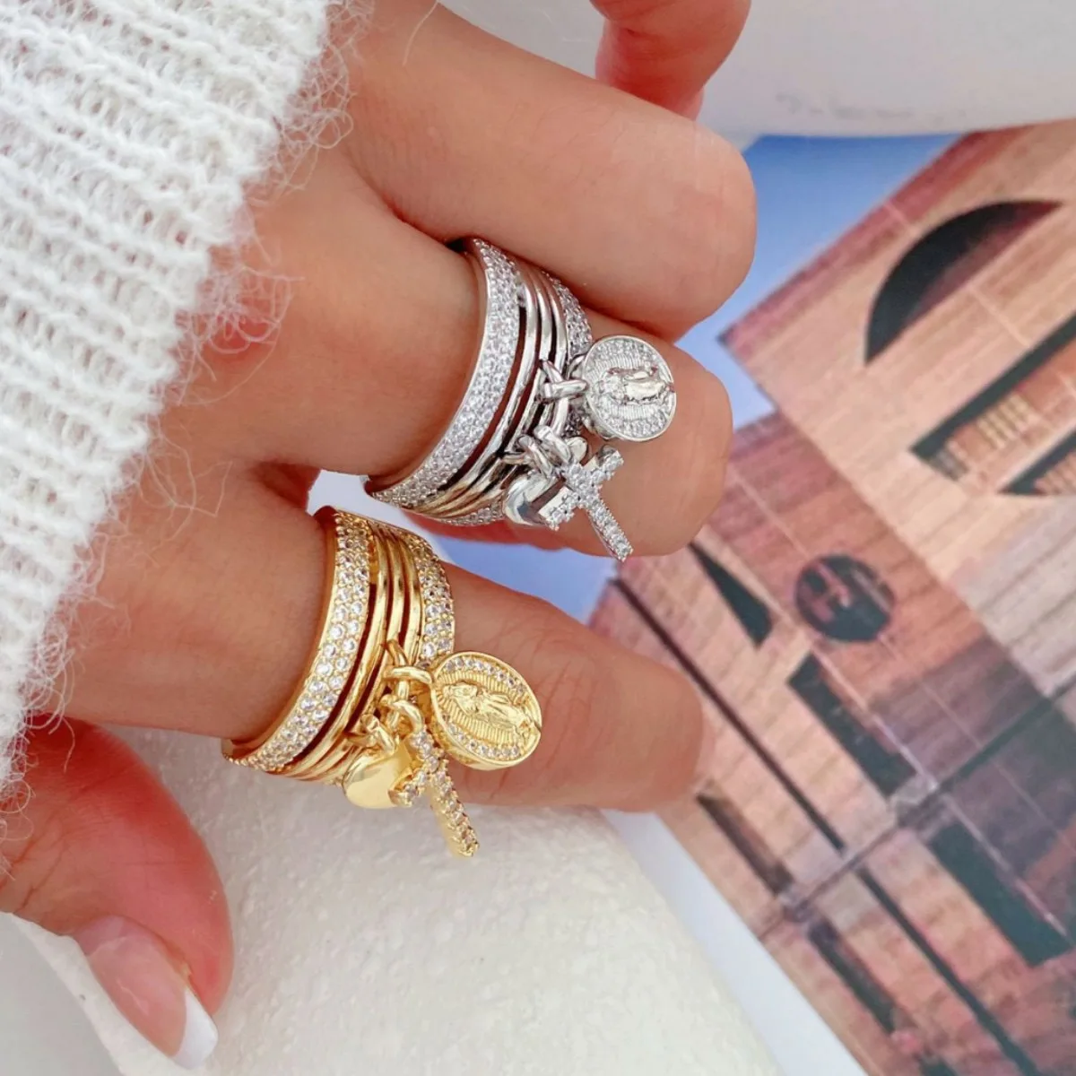 5pcs, Cross Jesus Mary Pendant Charm Rings For Women Zircon Ring Stack Set Gold Color Religious Jewelry