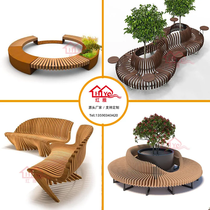 Outdoor park square anti-corrosion wood slicing rack curved bench shopping mall hotel plywood slicing tree pool seat