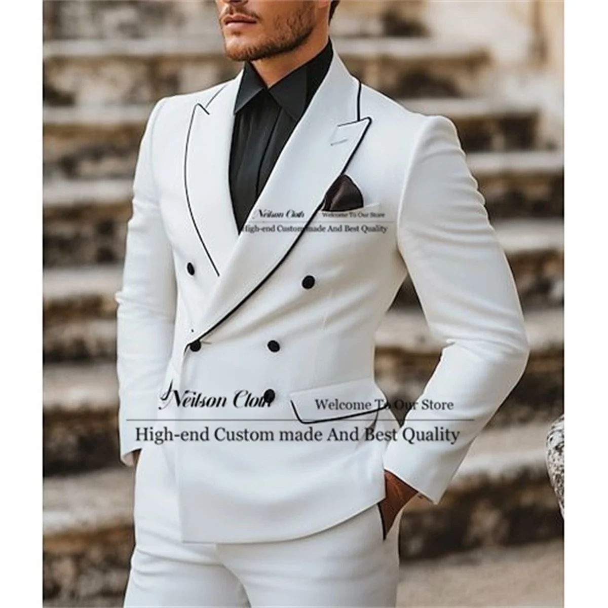 

Formal White Peaked Lapel Male Prom Blazers 2 Pcs Sets Double Breasted Groom Wedding Tuxedos Customized Groomsmen Costume Homme