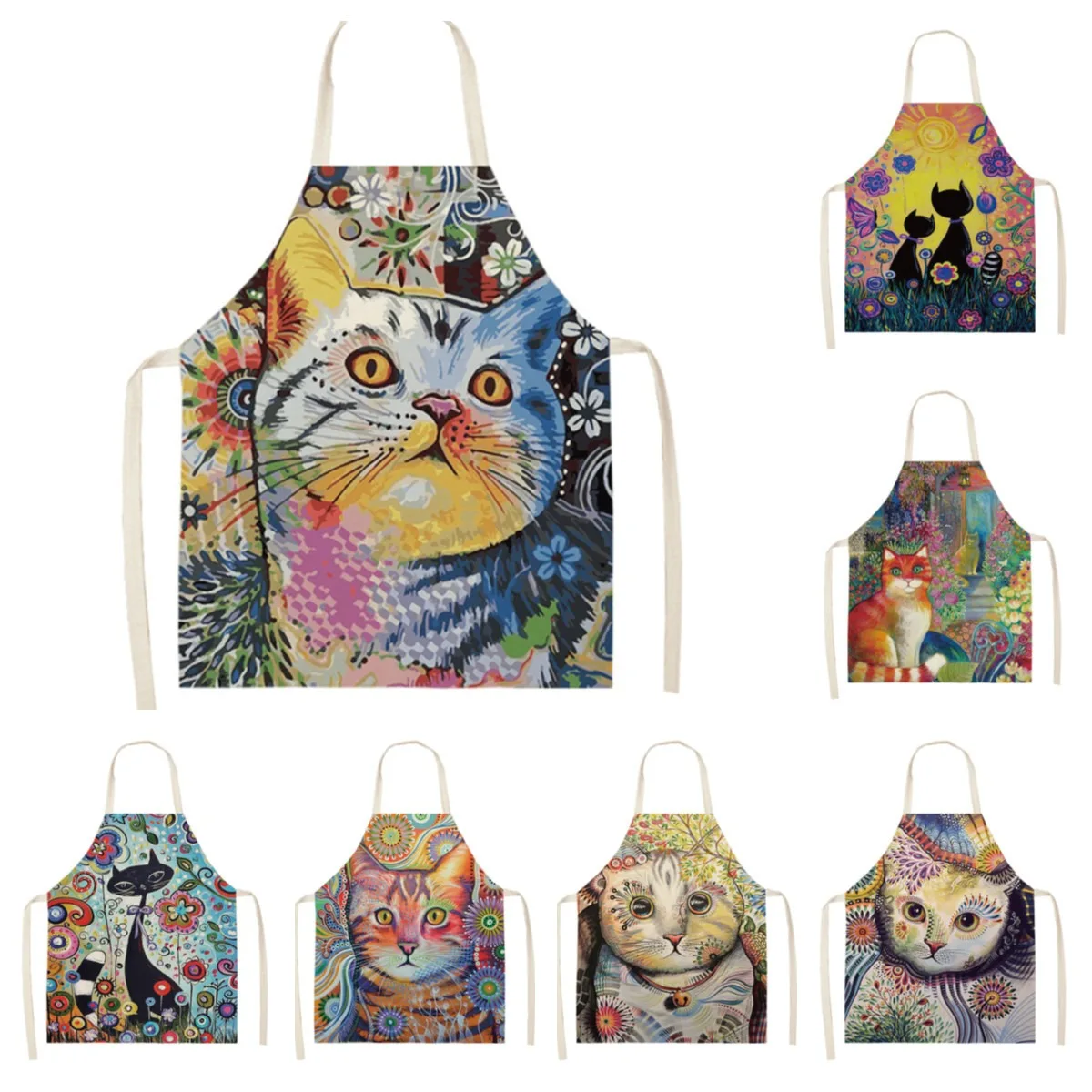 Artistic cat color apron oil-proof cleaning adult and children printed apron home kitchen cooking sleeveless bib