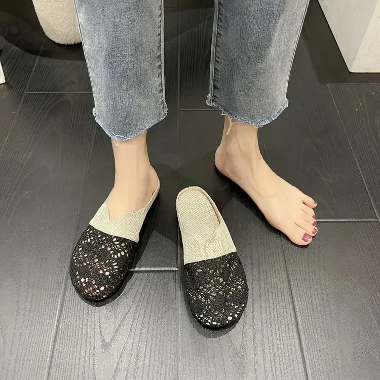 Fashion Womens Outer Half Slippers Hollow Women Shoes Mesh Lazy Flats Summer Mules Comfortable Female Slippers Versatile Zapatos