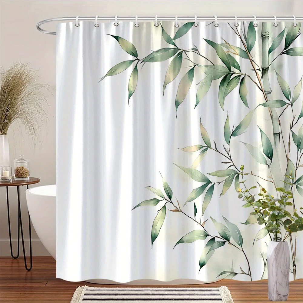 Watercolor Bamboo Stem Illustration Shower Curtain 1pc with 12 Hooks for Bathroom Home Decor Polyester 70.8x70.8 Inch