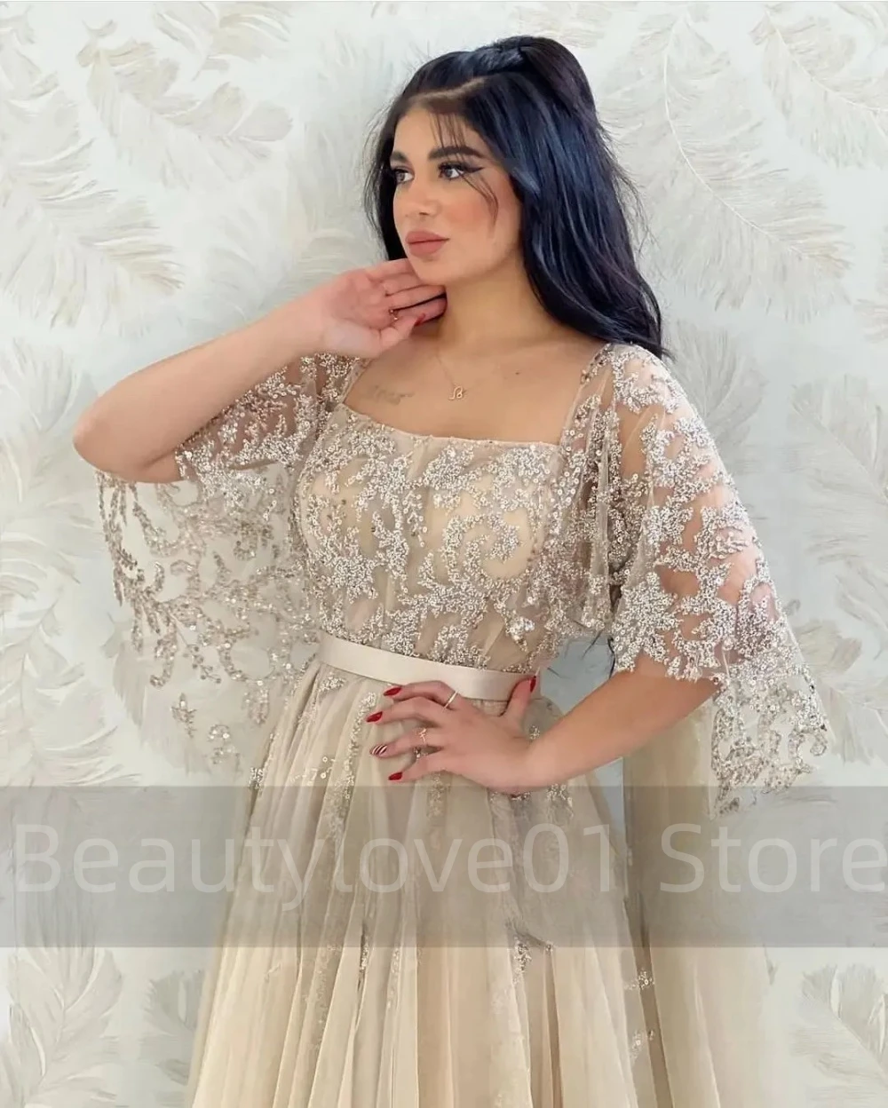 Classic Tulle Floor-Length Sleeveless Champagne Saudi Arabia Party Dresses A Line Formal Evening Gowns فساتين للحفلات الراقصة