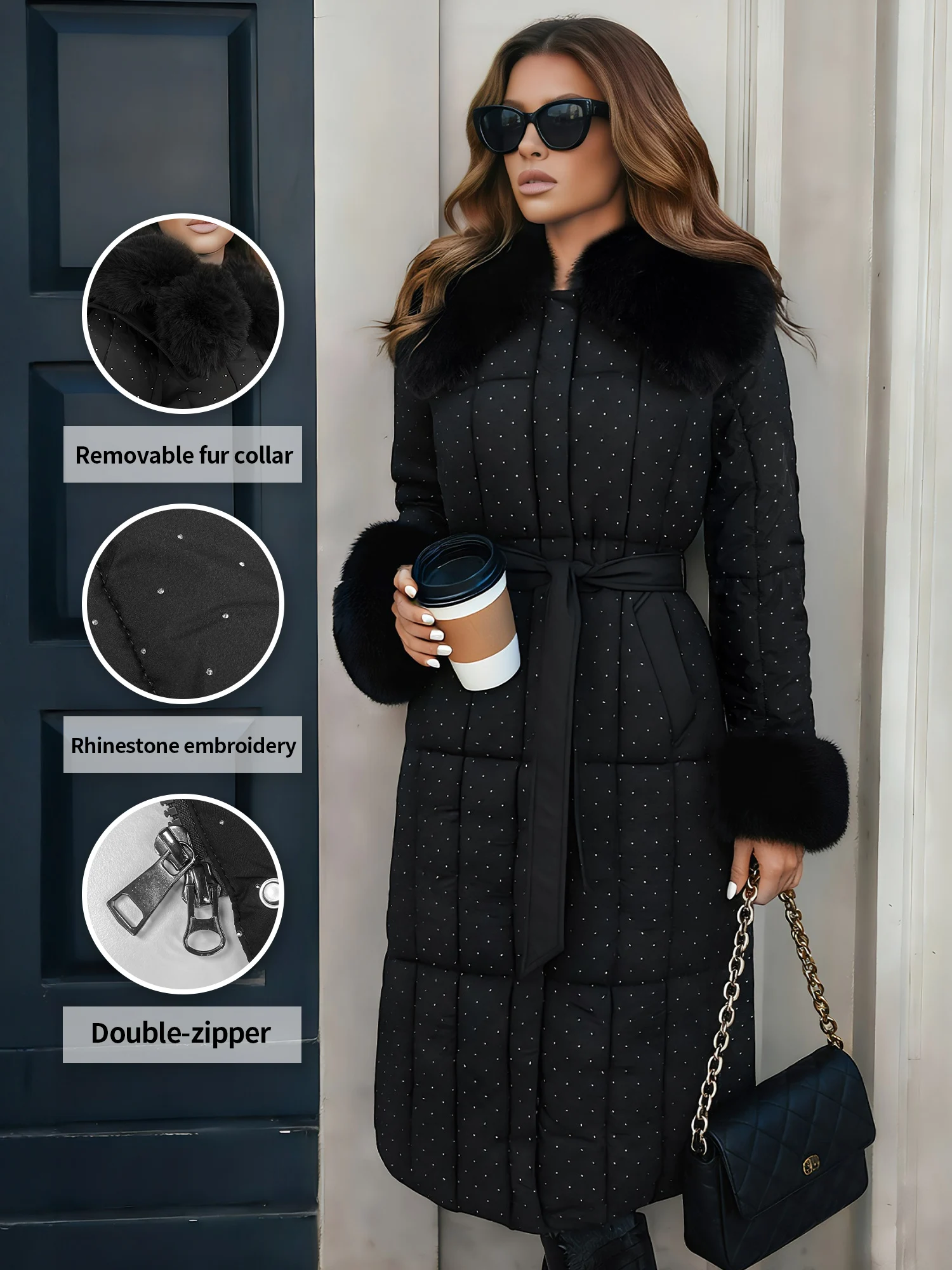 

Women's Autumn/Winter Mid-Length Chic Quilted Coat Plain Long Sleeve Thick Belt Diamond Decor Slimming Faux Fur Outerwear