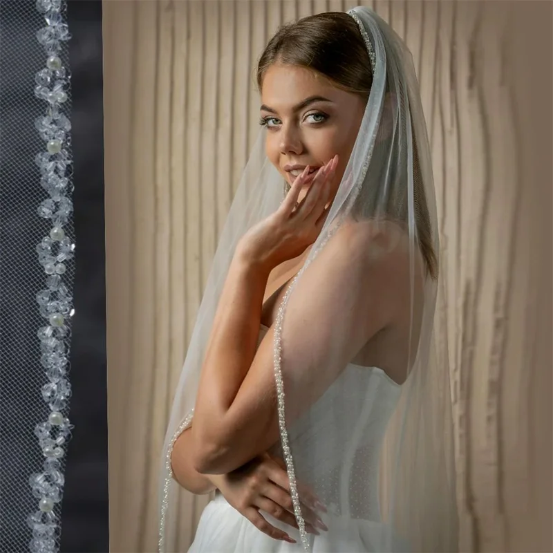 V134 Bridal Accessories Wedding Veil Crystal Organza Beaded Bridal Veil with Rhinestone Edge Chapel Length 1 Tier Amazon Hot