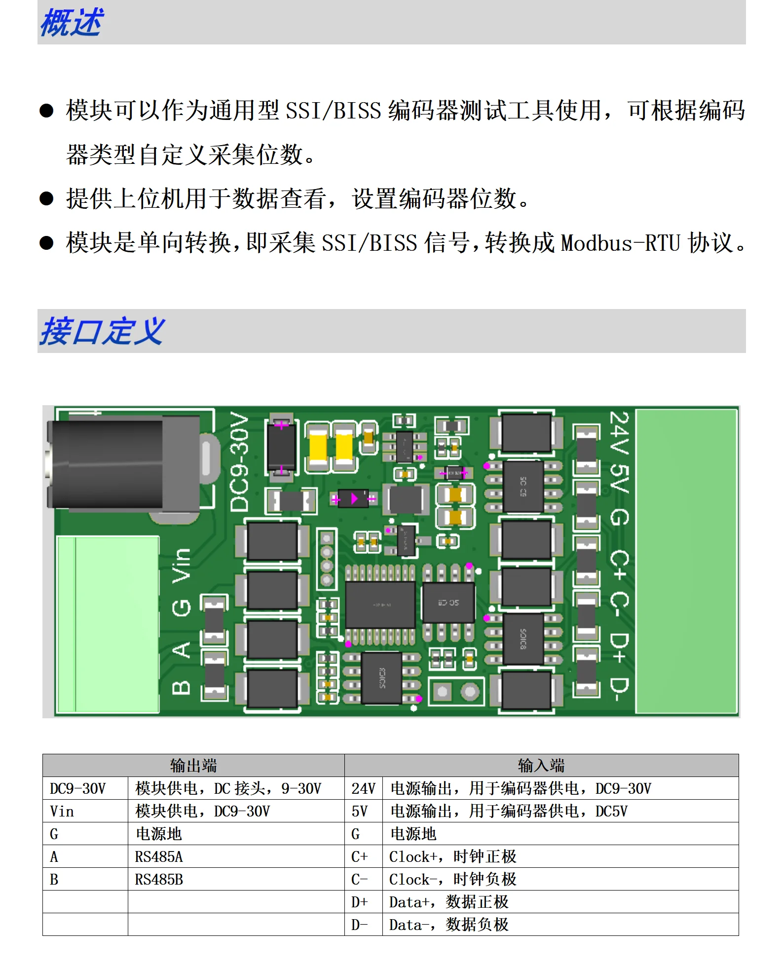 SSI/BISS to RS485 Modbus RTU absolute encoder test tool