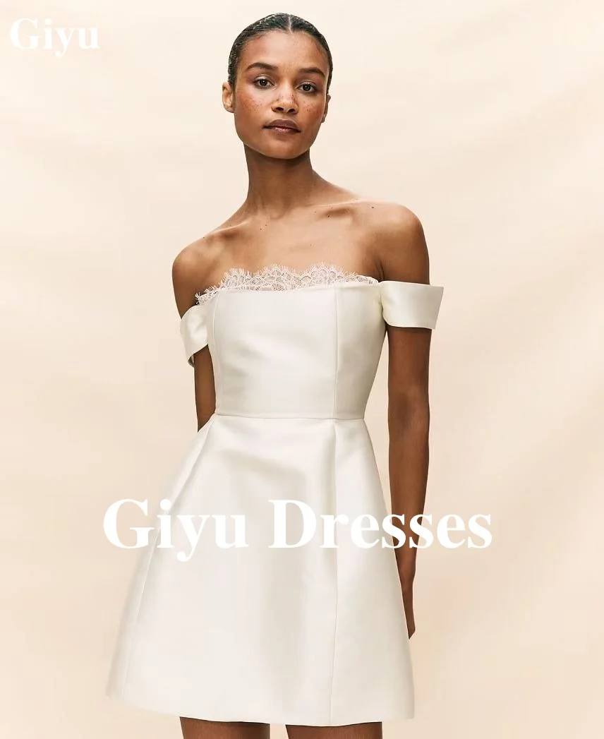 Giyu White Satin Wedding Dresses Europe and the United States Ladies Sweetheart Strapless Bubble Sleeve Knee Length Bridal Gowns