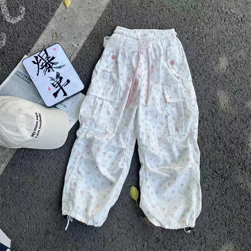 Summer Kids Cargo Pants With Side Pockets Teen Girls Utility Pants Teenage Child Floral Printed Pants Toddler Ages 4-14 Y  123