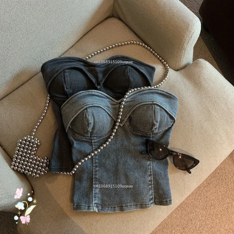 New Fashion Spicy Girl Vintage Denim Bra Top Tight One Shoulder Open Umbilical Short Wrap Chest Top Corset Strapless Tops