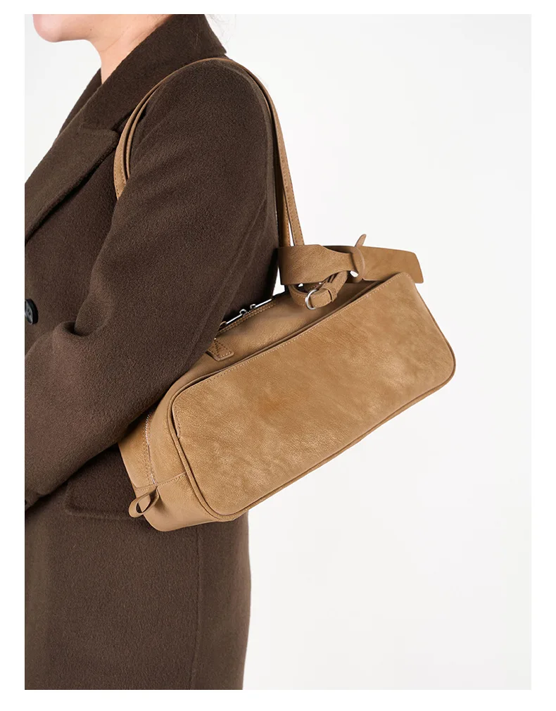 Women Vintage Genuine Leather Barrel Shoulder bag Zipper Underarm Handbag Pearlescent Vegetable Tanned Cowhide Tote Bag