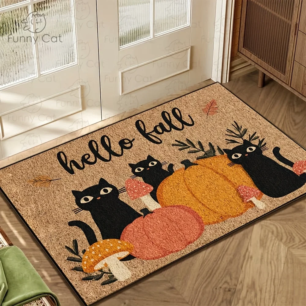 VIKAMA Fußmatte mit schwarzer Katze und Kürbis, Herbst, maschinenwaschbar, rustikaler Küchenteppich, Schlafzimmer- und Badezimmer-Eingangsbereich, Thanksgiving-Heimdekoration