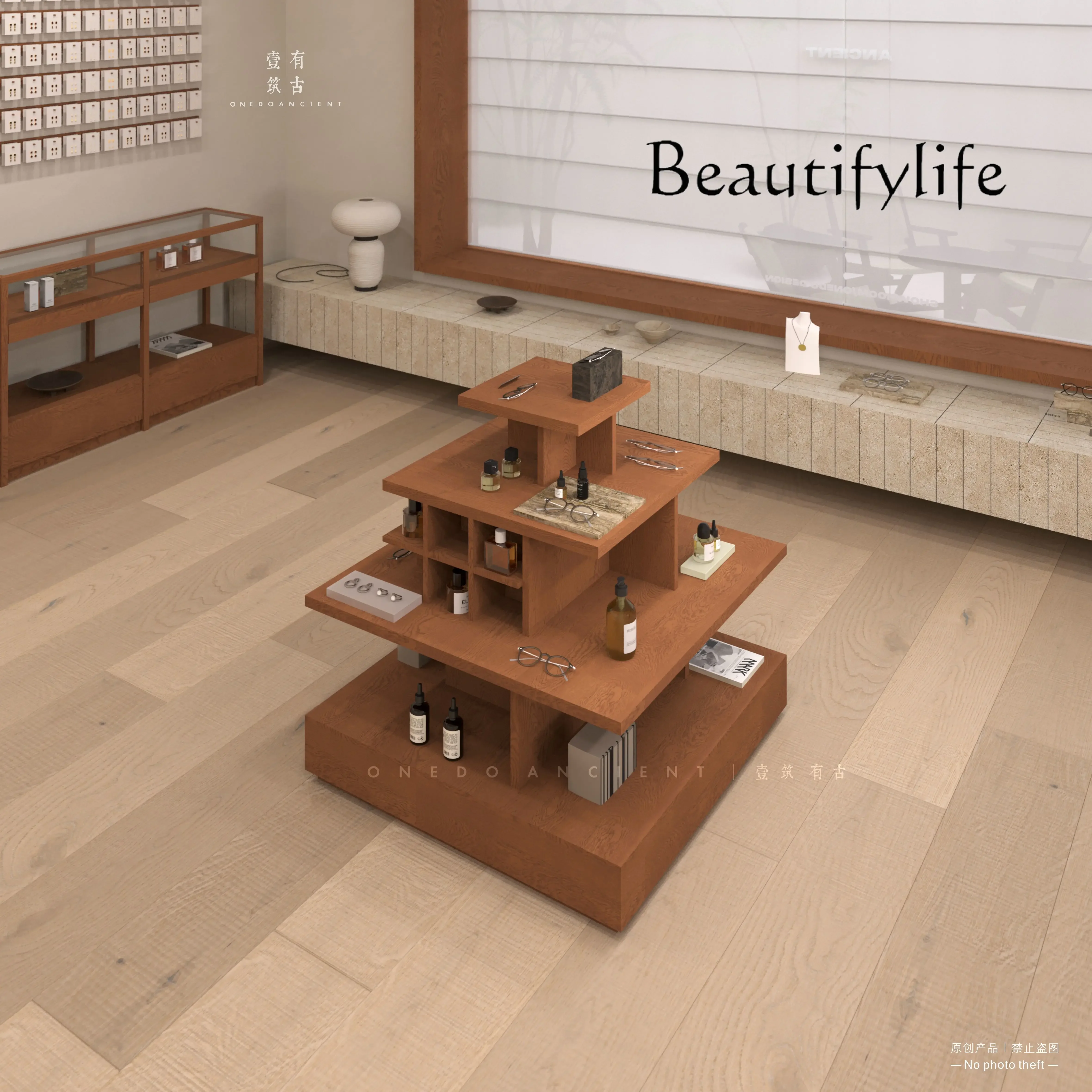 BJ Medieval Wood Grain Zhongdao Taiwan Clothing Water Table Multi-layer Display Table Multi-functional Four-sided Table