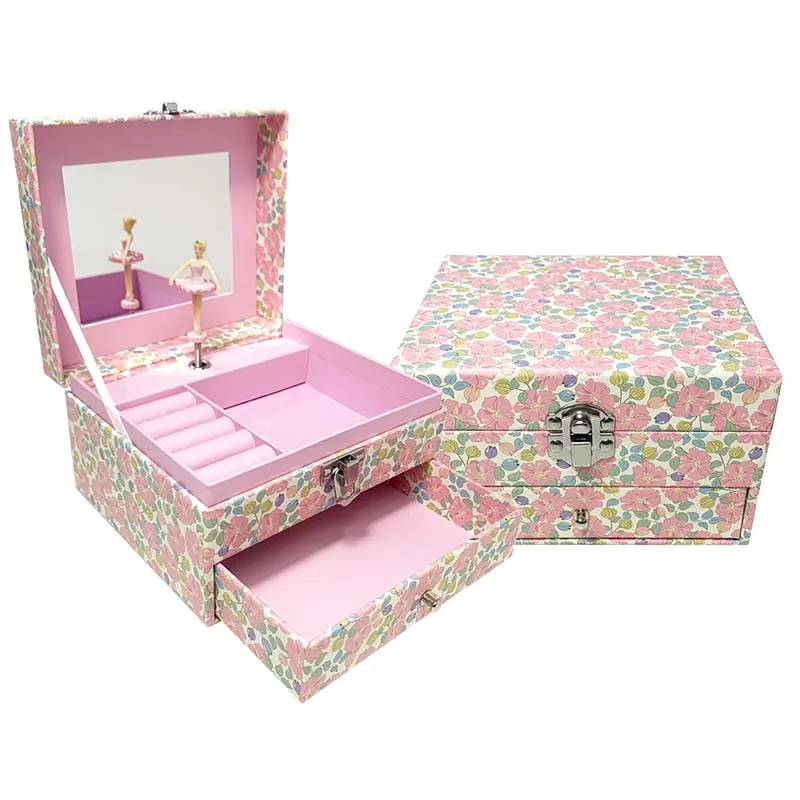 1 قطعة صندوق تشغيل الموسيقى مع درج مرآة الدورية راقصة الباليه وتخزين المجوهرات الوردي المهر لخاتم القلائد والأساور هدية عيد ميلاد