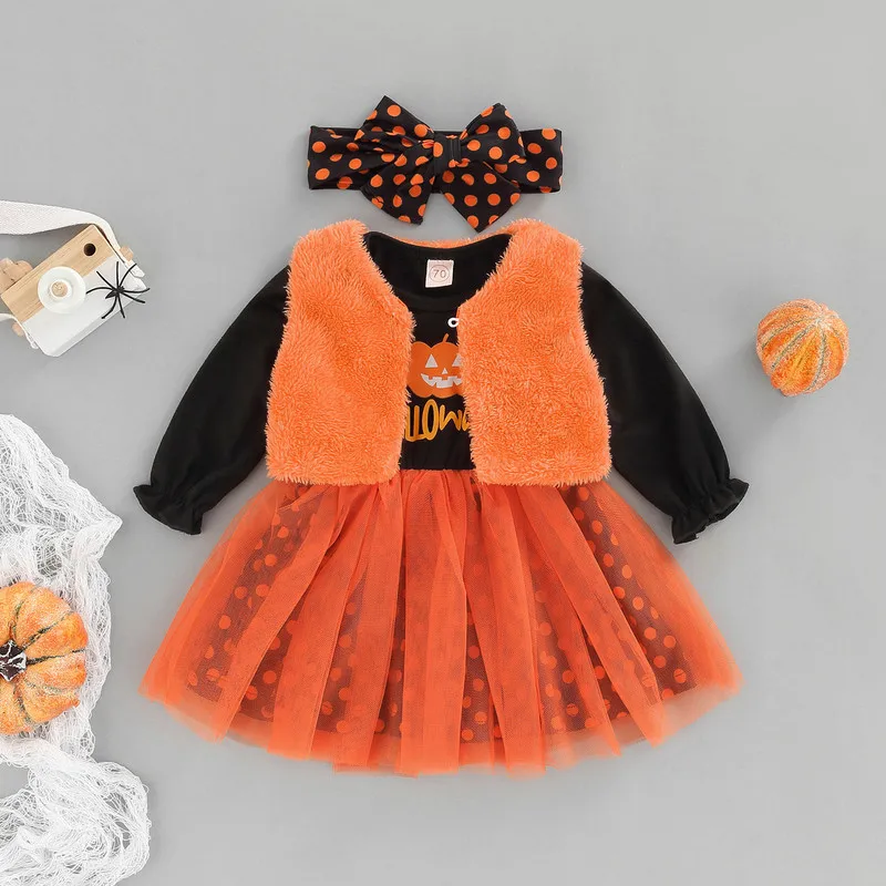 Halloween Baby Girl Dress 3 Pieces Suit Set, Pumpkin Letter Dots Print O-Neck Long Sleeve Dress Solid color Waistcoat Headband