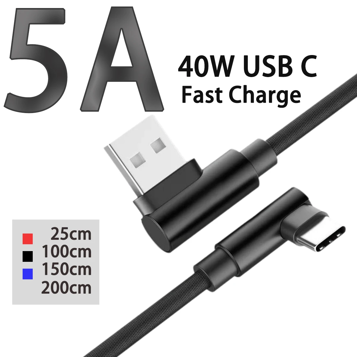 90 °   Coude 5A 40W USB C câble USB vers Type C câble de chargeur rapide téléphone cordon de charge rapide fil de données haute vitesse pour iPhone Xiaomi