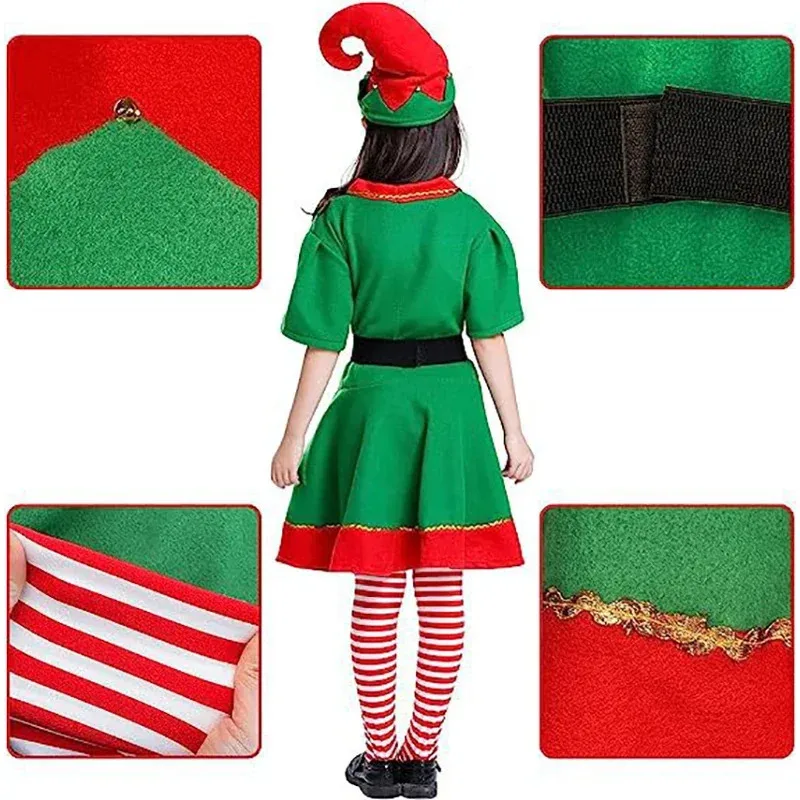 Christmas Santa Claus Costume Adult Kids Family Green Elf Cosplay Outfits Carnival Party Year performance Xmas Dress Giftc;3.k'6