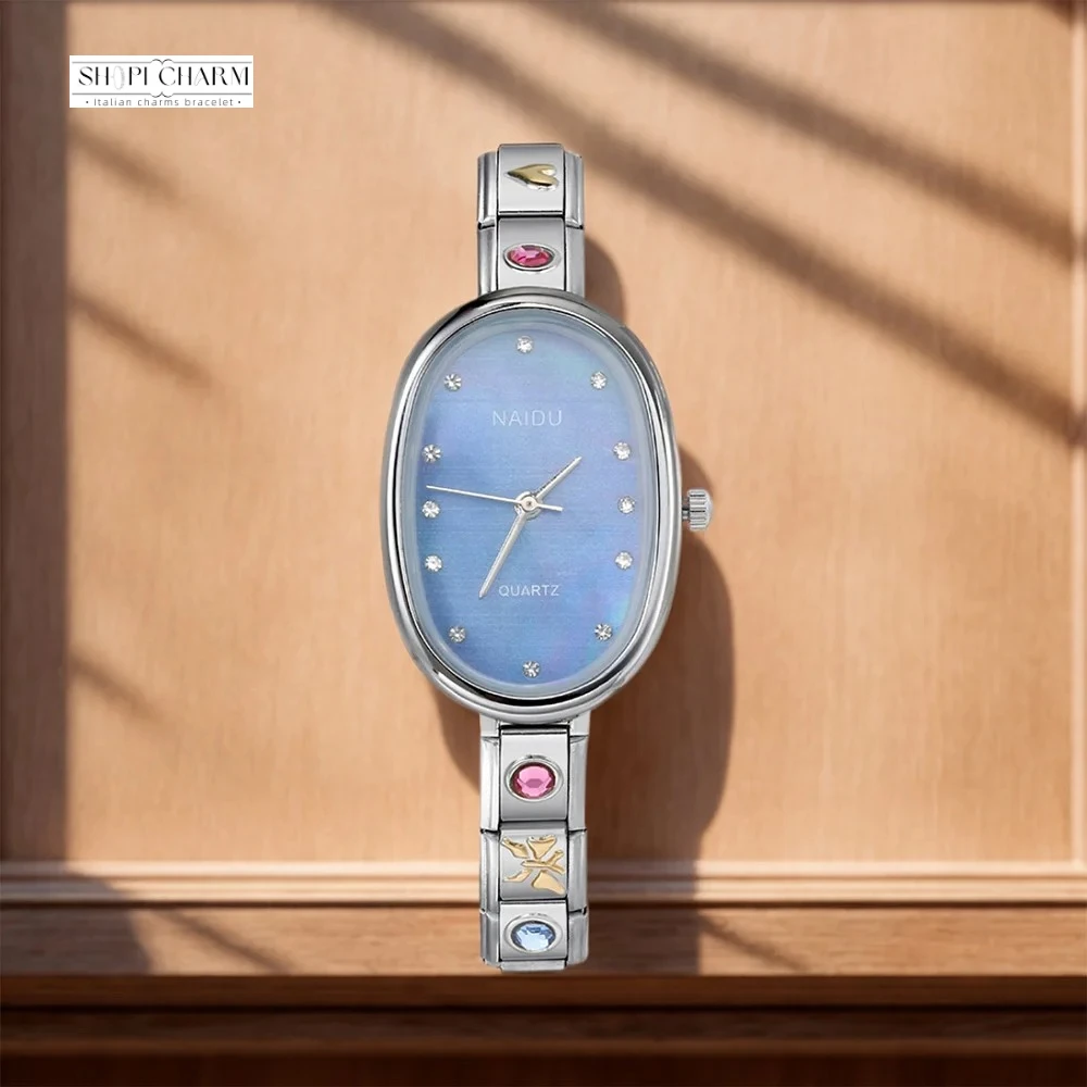 Shopi Fashion Women Oval Light Luxury Quartz Ellipse Wrist Watch Italian Charm Bracelet Stainless Steel Wholesale Drop Shipping