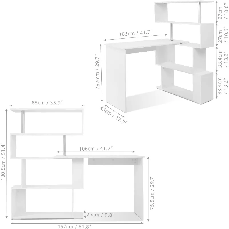 41,7-дюймовый L-образный стол с 4-уровневыми полками для хранения, компьютерный угловой стол для учебы, домашнего офиса, гостиной, офисной мебели
