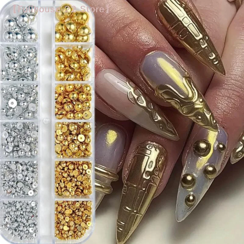 【MAX-22】12 Gitter mit gemischten halbrunden Perlen, Gold- und Silber-Nagelanhängern, Nageldekoration, Maniküre, Nagelstudio-Zubehör