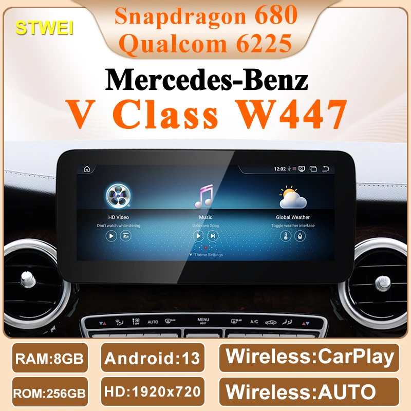 2024 New Qualcomm6225 Snapdragon680 Andorid13 Car Multiemedia Players For Mercedes Benz V Class W447 V250 V260  CarPlay AUTO GPS