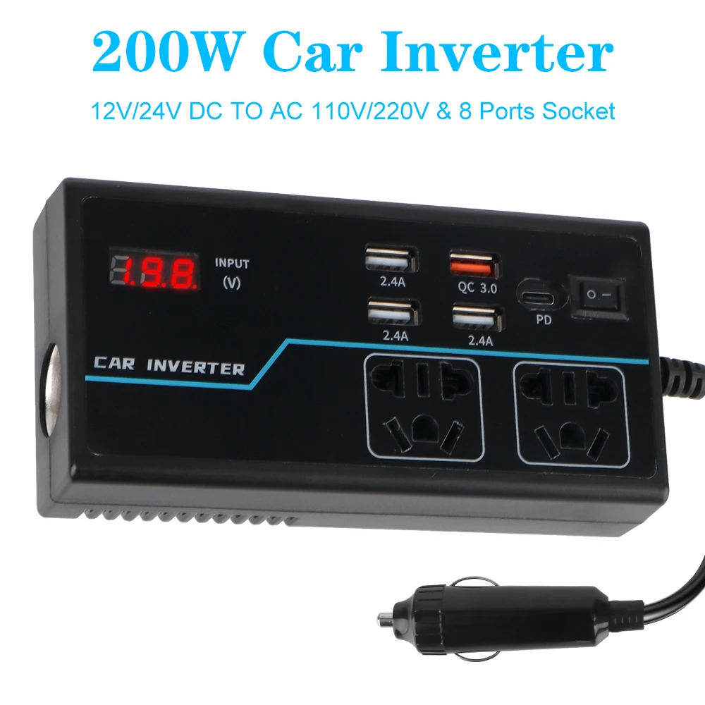 Car Inverter 8 Ports Sockets Power Adapter Overload Protection 200W USB/PD/Type-C Chargers DC 12V/24V to AC 110V/220V Converter