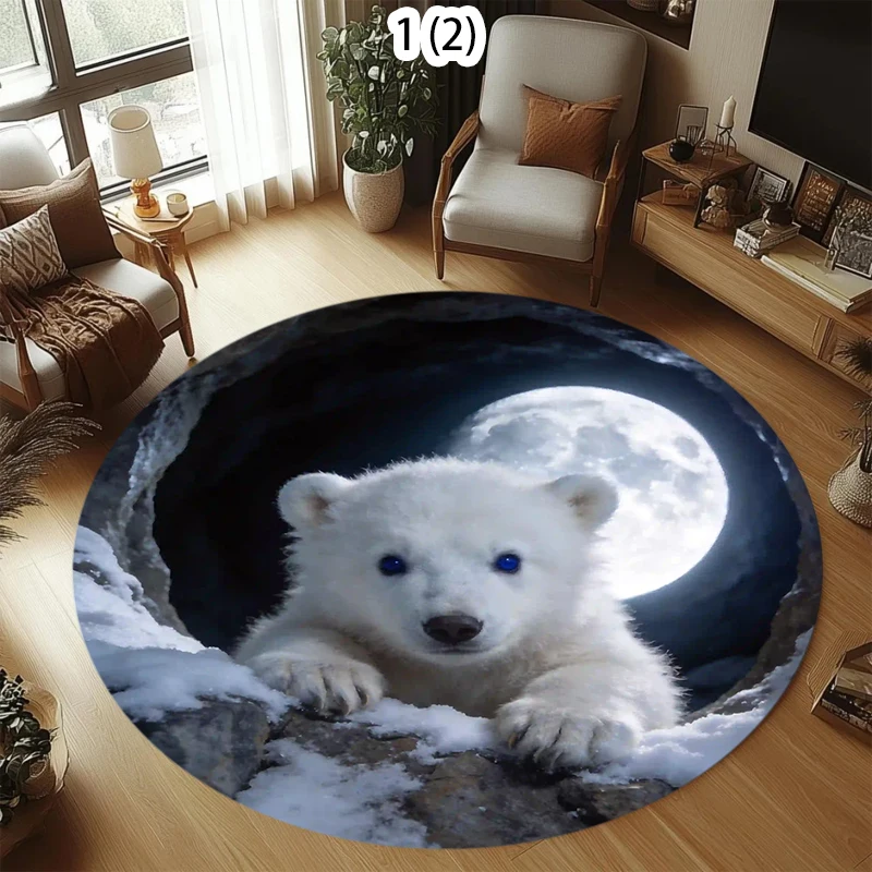 2D Cute Polar Bear Round Carpet Realistic  Hole Abyss Floor Mat Creative Decorative Area Rug for Living Room Bedroom Home Decor