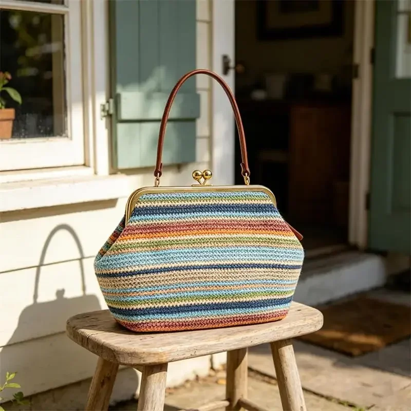 Luxuriöse Unregelmäßige Damen-Schultertasche, Sommer Strand Stroh Muschel-Handtasche Marken-Großraumtasche mit Clipverschluss Elegante Abendtasche – Detail 7
