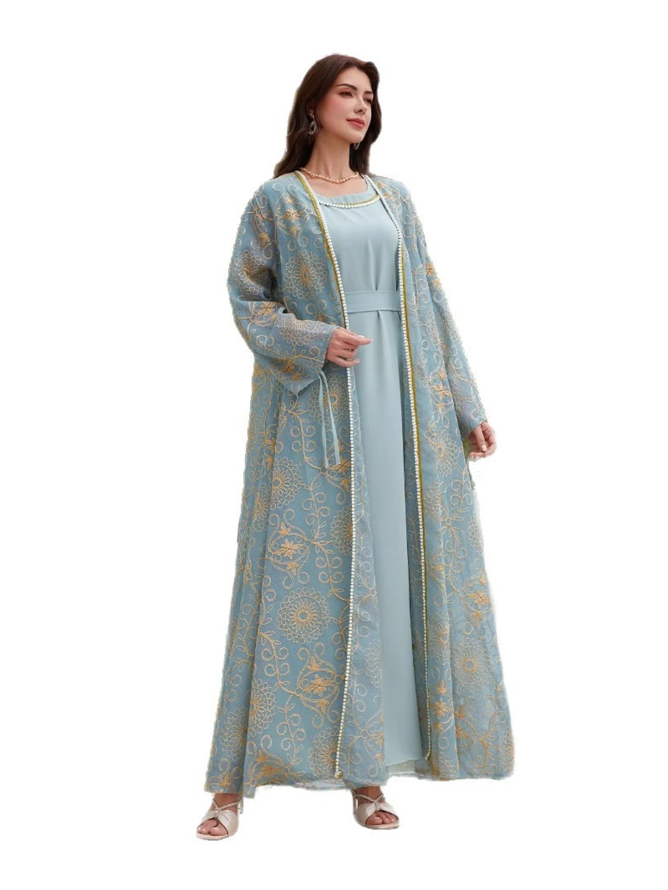 Eid femmes Robe Abaya 2 pièces ensemble à lacets Caftan musulman Ramadan Jalabiya dubaï longue Robe maroc Islam robes Largos 2025