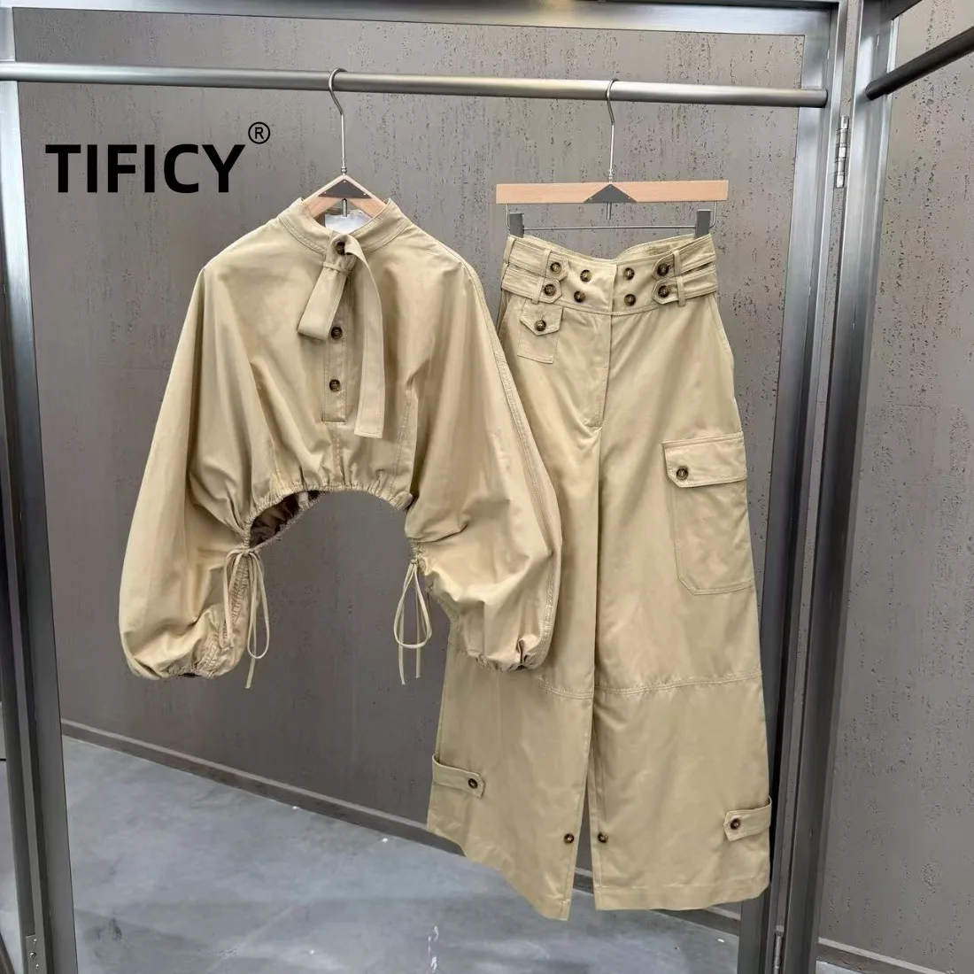 High Street 2pcs Set Spring Ins Workwear Style Lantern Sleeve Drawstring Loose Top Paired with Workwear Wide Leg Pants Set