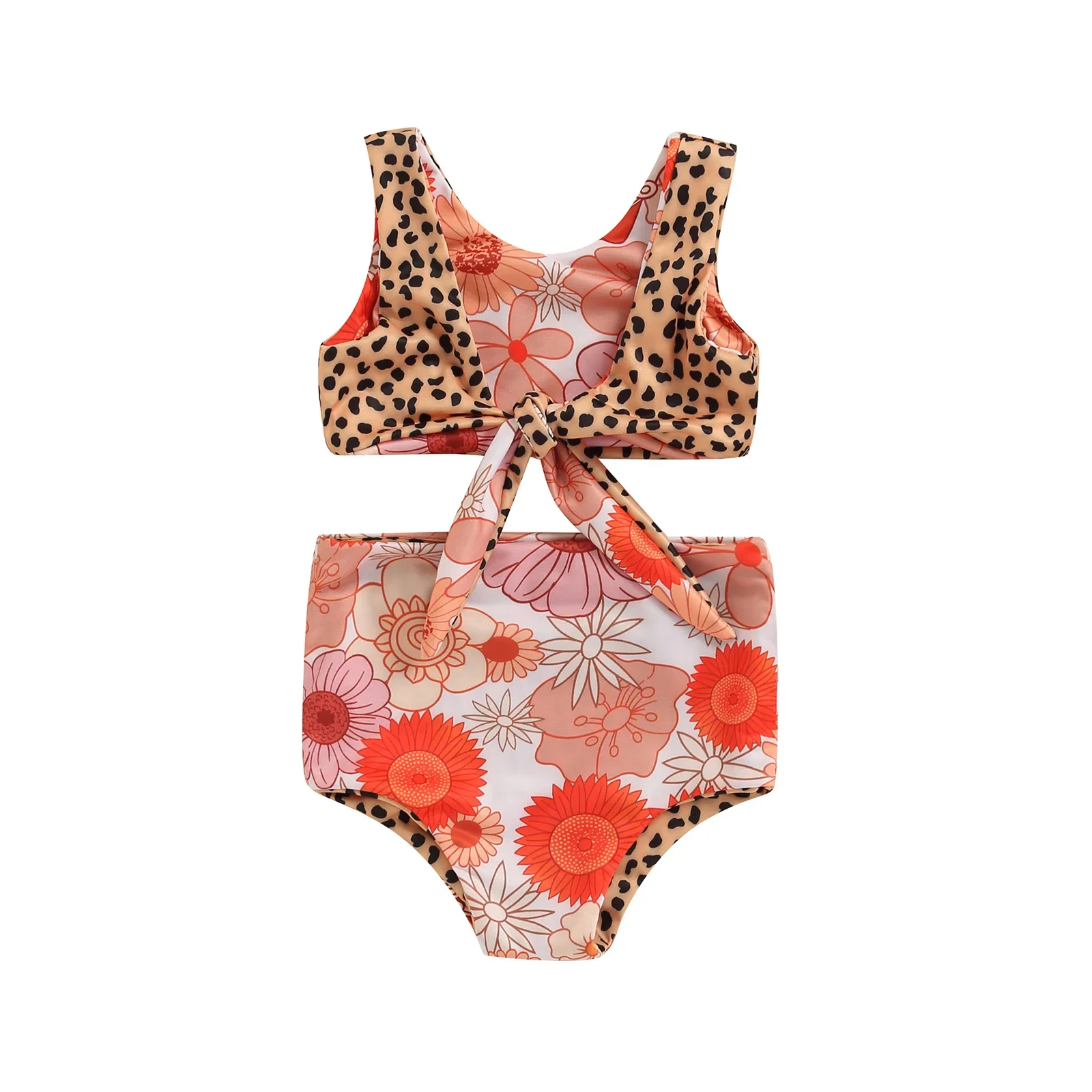 Lioraitiin Toddler Girl Summer Swimwear Set - Sleeveless Backless Knotted Vest, Leopard/Floral Print Bottom, 0-4Years