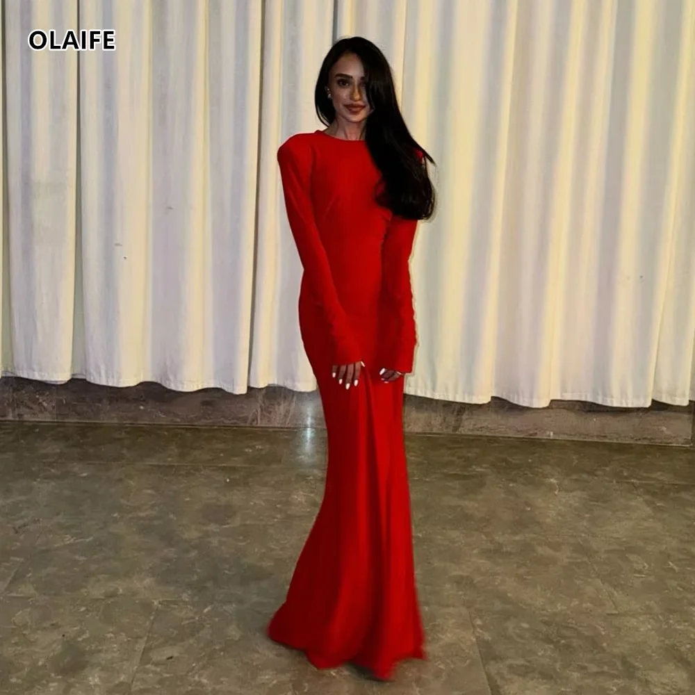 

Red Elegant Evening Dress O Neck Sexy Backless Long Sleeves Formal Dress Saudi Arabic Mermaid Prom Gown Women Gala Custom