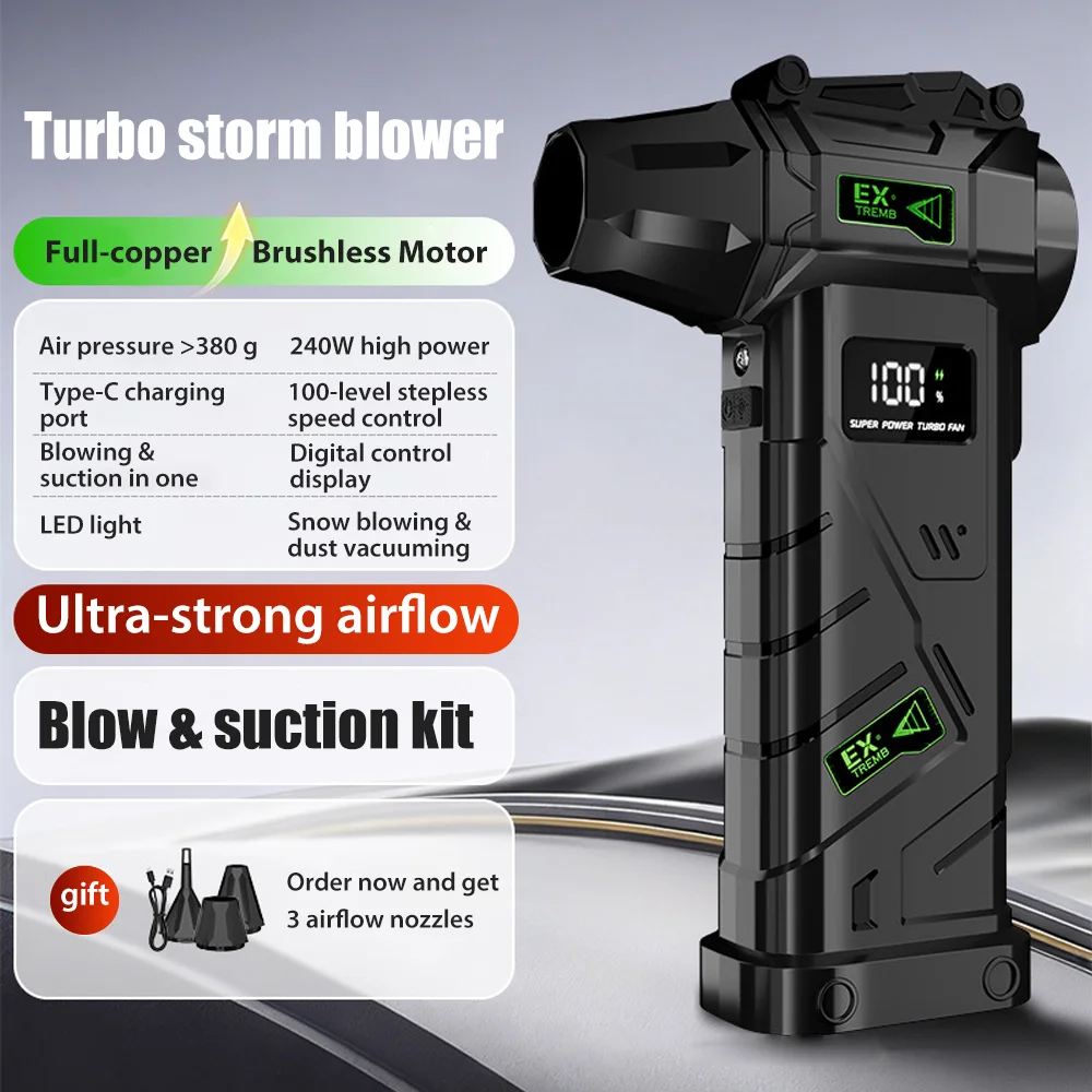 พัดลมเทอร์โบเจ็ท AiQUE (แรงดันลม 380 กรัม) เครื่องเป่าลมไฟฟ้า ปรับความเร็วลมได้ พัดลมแรงแบบเทอร์โบ ชาร์จไฟได้ พร้อมไฟส่องสว่าง