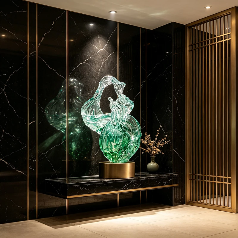 *#Q Factory Custom Gradient Emerald Green Twisted Hollow Flowing Resin Hand-painted Artistic Tabletop Sculpture Gold Metal Base&