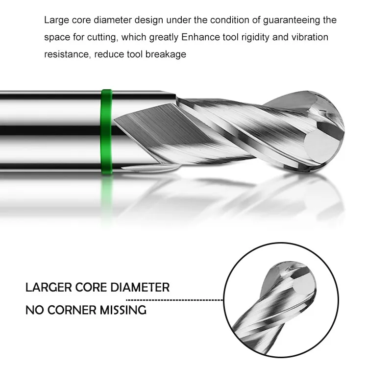 YIFINO-Fresa de extremo de bola de aluminio de carburo de tungsteno de acero herramientas de molino de extremo mecánico CNC Anillo Verde de 2