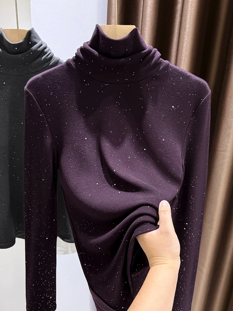 

Женская фиолетовая термофутболка с высоким воротником из бархата, осенне-зимняя, для многослойного ношения, модный топ, базовая футболка с серебристым начесом