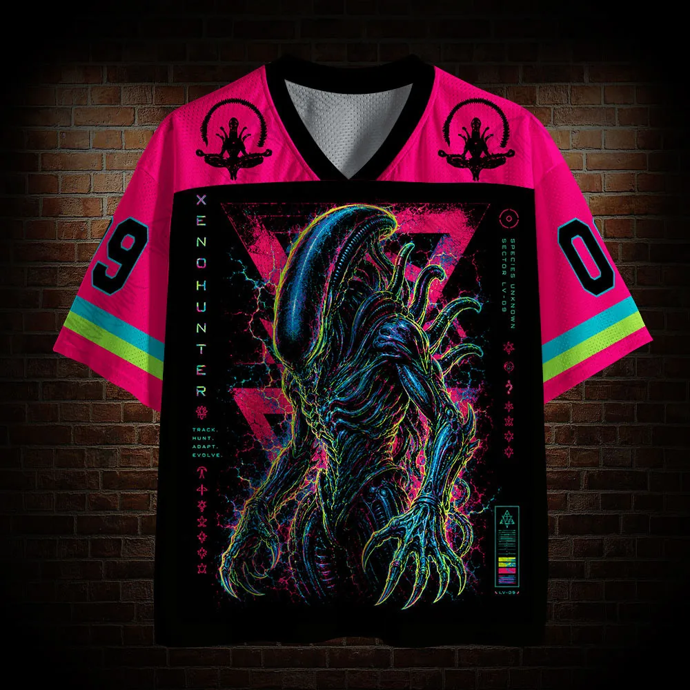 Neon Sci Fi Monster Graphic Football Jersey, V Neck Short Sleeve Streetwear Top, Retro Horror Aesthetic Halloween Party Outfit