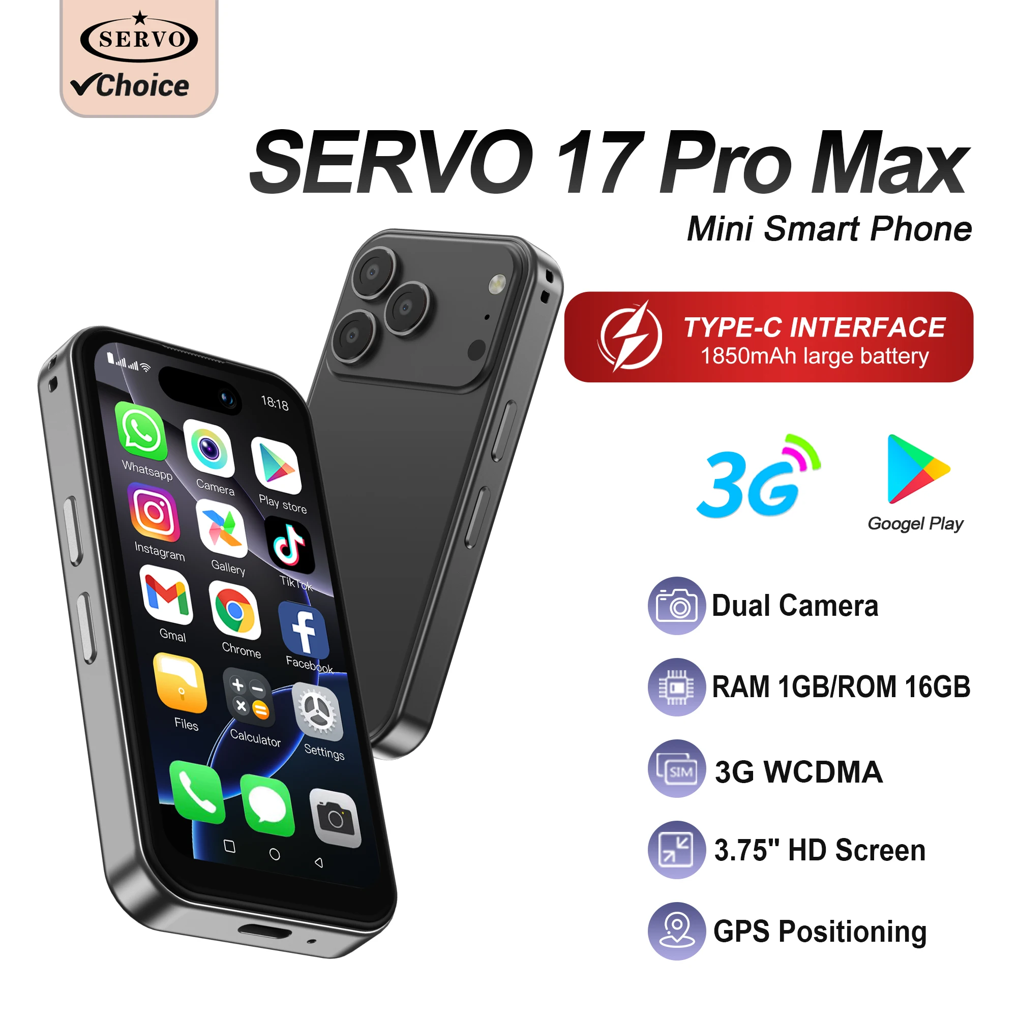 SERVO 17PRO MAX 3G Mini Smartphone Android 8.1 1GB RAM 16GB ROM Play Store Dual Camera WiFi Hotspot GPS Dual SIM Mini Cellphone