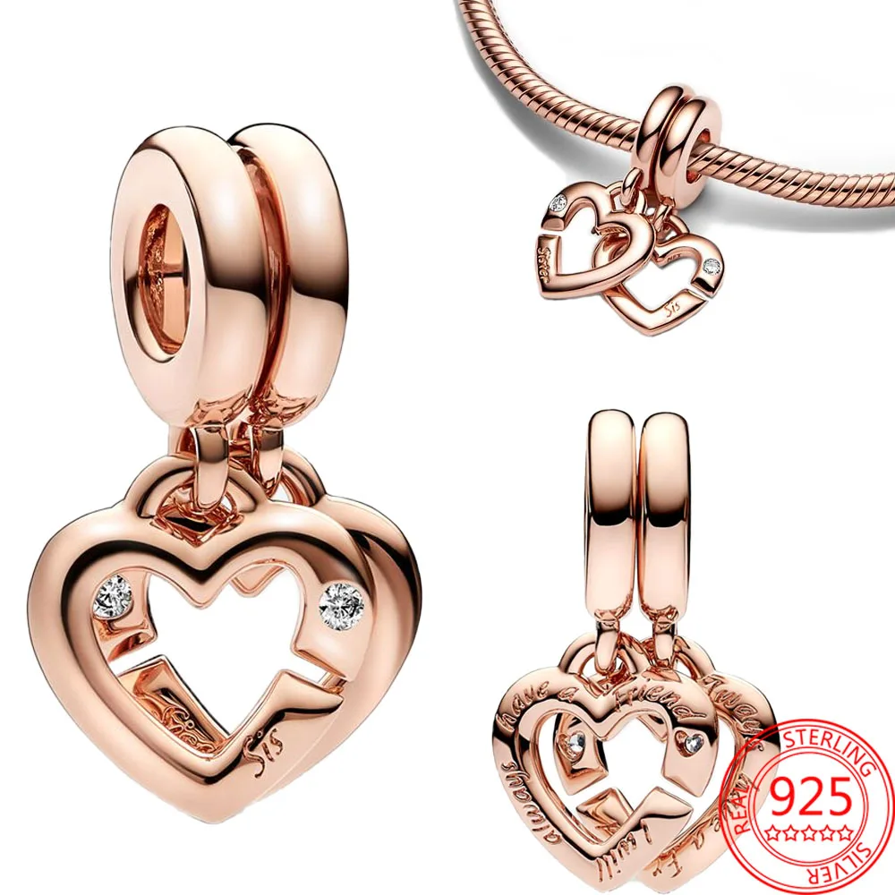 S925 original 925 sterling silver Linked Sister Hearts Split Dangle Charm Fit DIY Bracelet Necklaces Jewelry