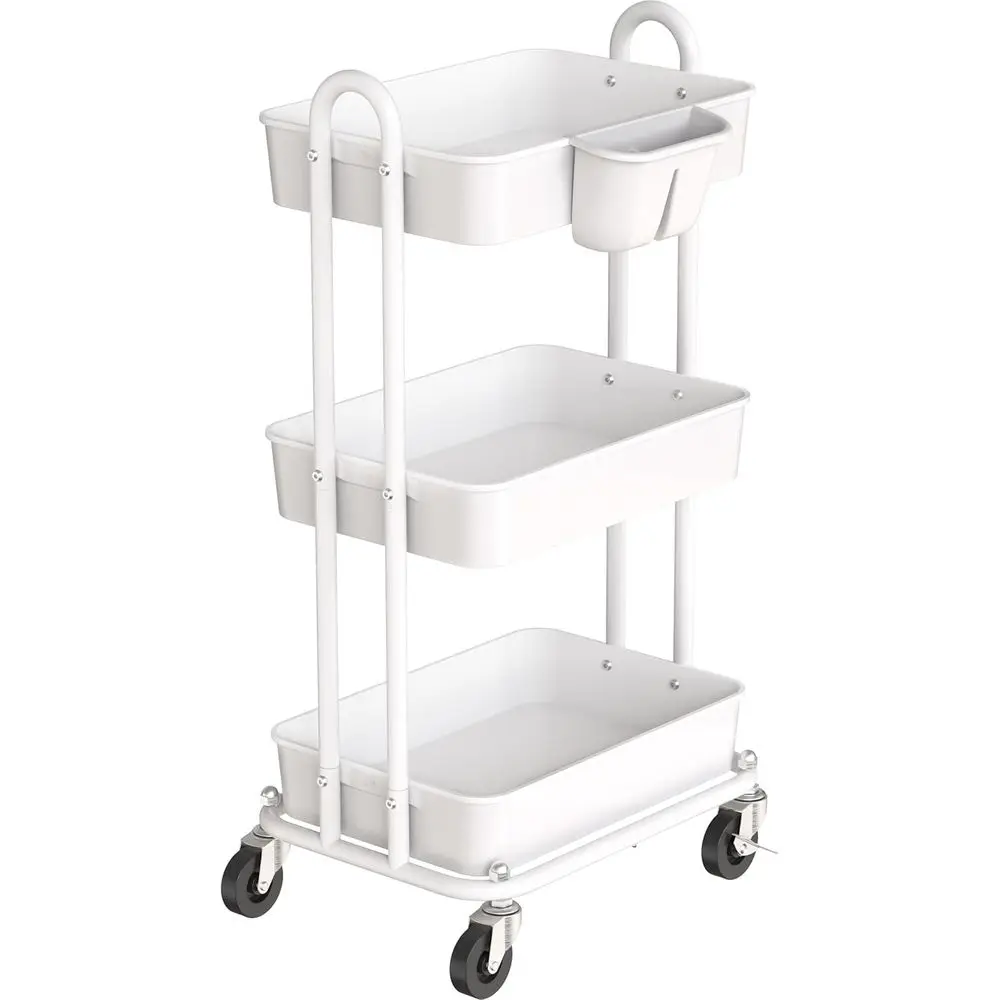 

3-Tier Multiunctional Rolling Utility Cart with Hanging Bucket, White