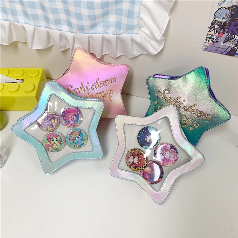 Kawaii Star Shaped Ita Bag for Girls Transparent Holographic PVC Shoulder Bag with Pin Display Window Cute Anime Badge Backpack