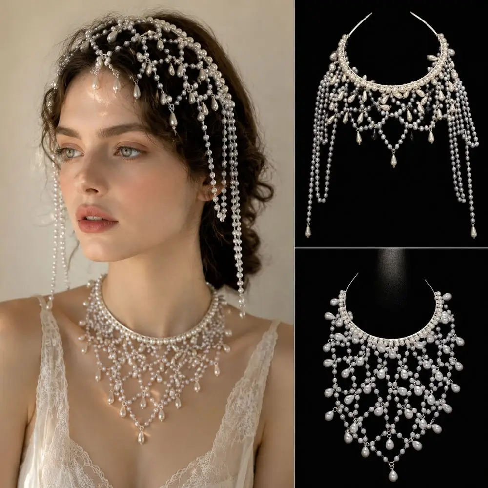 Handmade Imitation Pearls Bridal Head Chain Tassel Dangling Fringe Wedding Headpiece Waterdrop Beaded Multi-Layer