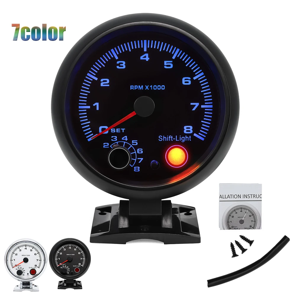

12V Tachometer Gauge 3.75'' Car Tacho Gauge 7color Shift Light Black/White 8K Tacho Tachometer RPM Gauge for Gasoline Racing Car